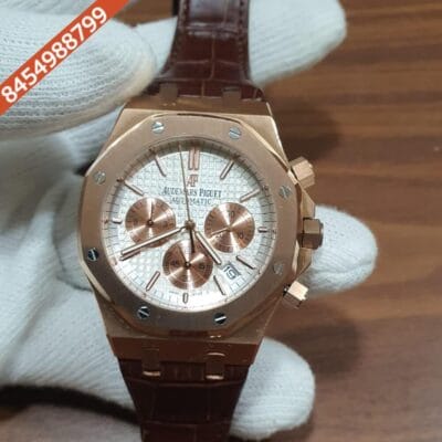 Audemars Piguet Royal Oak Chronograph 45mm Rose Gold Brown Leather Swiss Watch