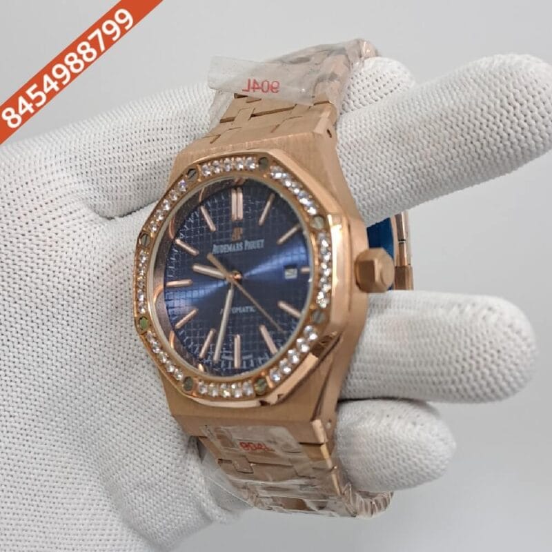 Audemars Piguet Royal Oak RG Diamond Blue Dial Polished Rose Gold Strap Swiss Automatic Watch - Image 3