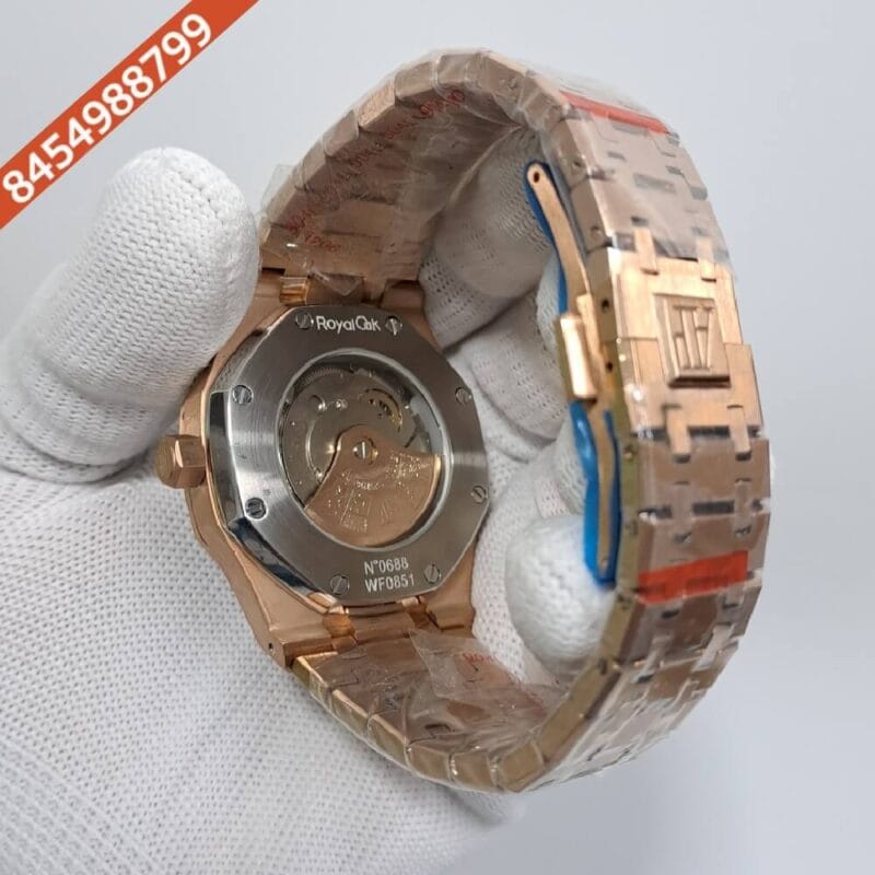 Audemars Piguet Royal Oak RG Diamond Blue Dial Polished Rose Gold Strap Swiss Automatic Watch - Image 4