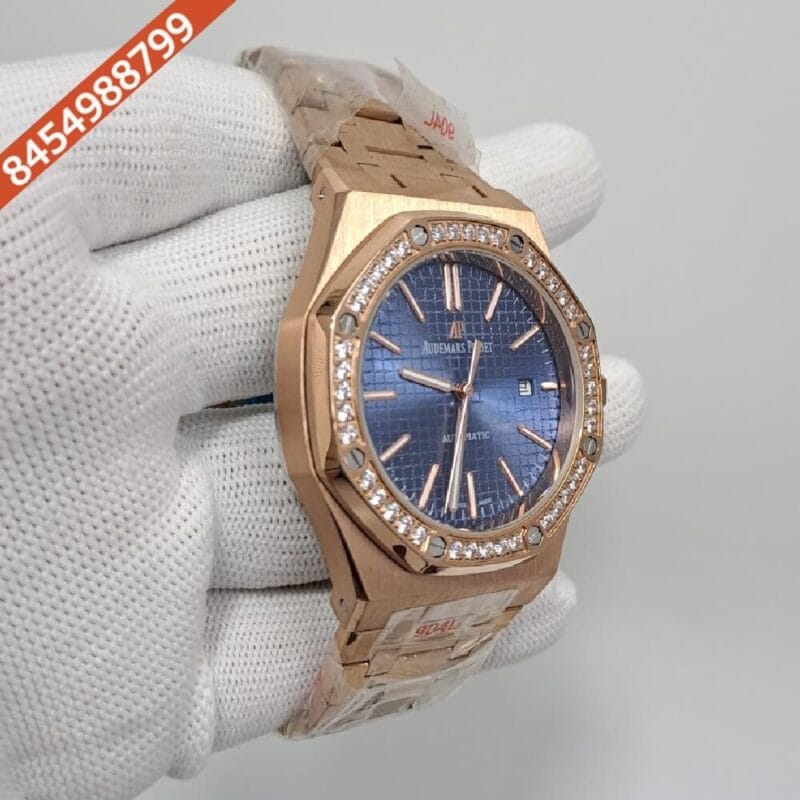 Audemars Piguet Royal Oak RG Diamond Blue Dial Polished Rose Gold Strap Swiss Automatic Watch - Image 2