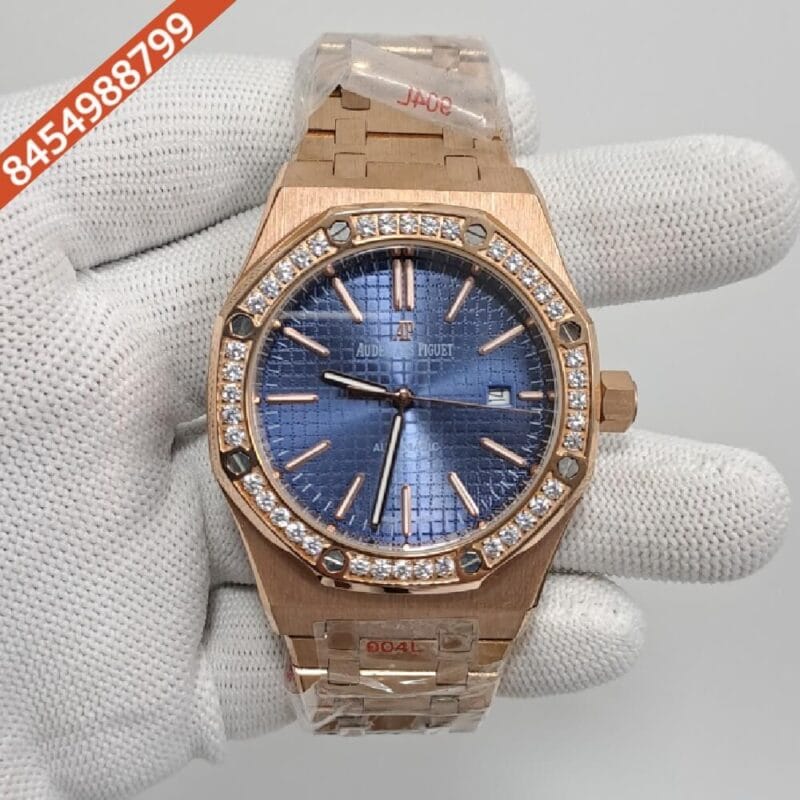Audemars Piguet Royal Oak RG Diamond Blue Dial Polished Rose Gold Strap Swiss Automatic Watch