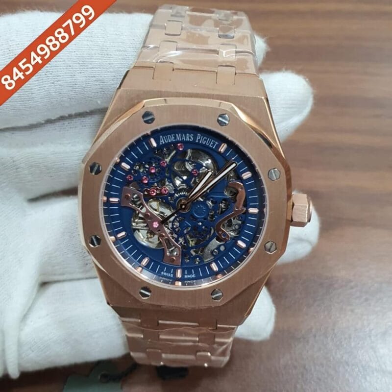 Audemars Piguet Royal Oak Rose Gold Skeleton Blue Dial Swiss Automatic Watch