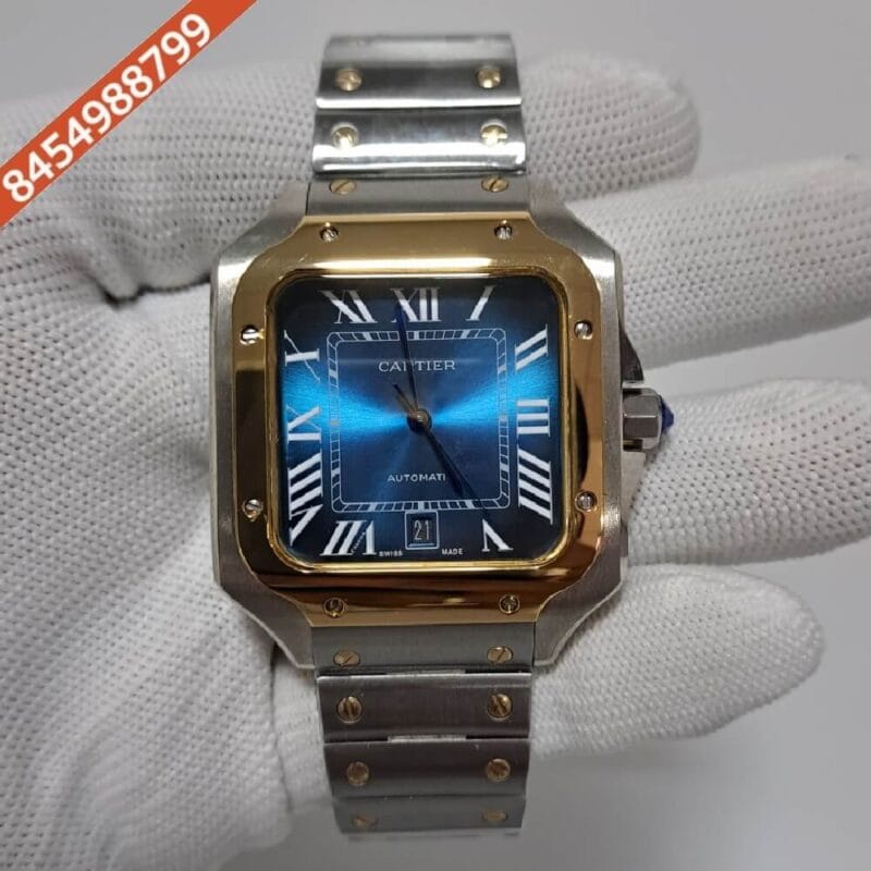 Cartier Santos 100 Gold Dual Tone Blue Dial Swiss Automatic Watch