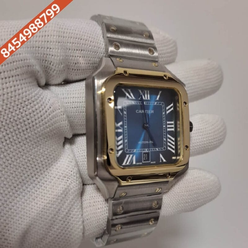 Cartier Santos 100 Gold Dual Tone Blue Dial Swiss Automatic Watch - Image 3