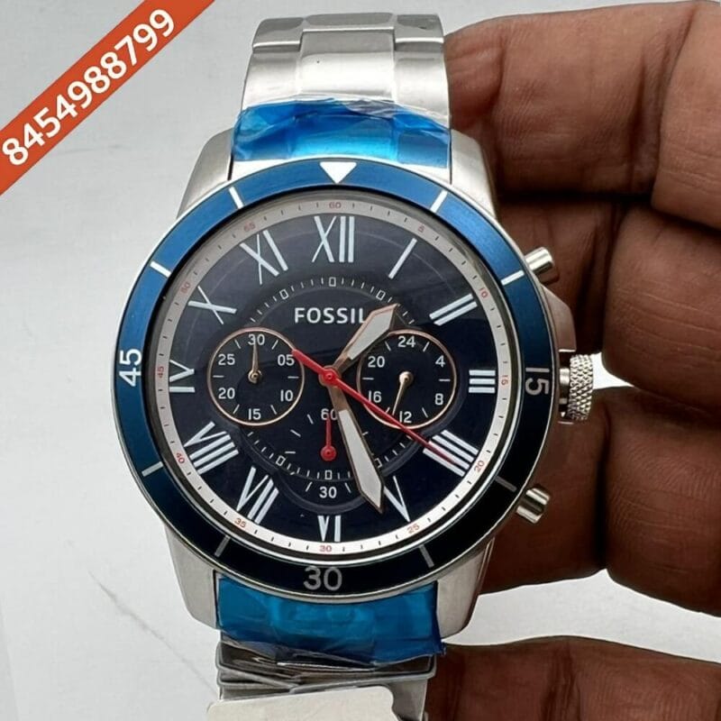 Fossil Grant Sport Chronograph Steel Black Dial Blue Bezel Swiss Watch