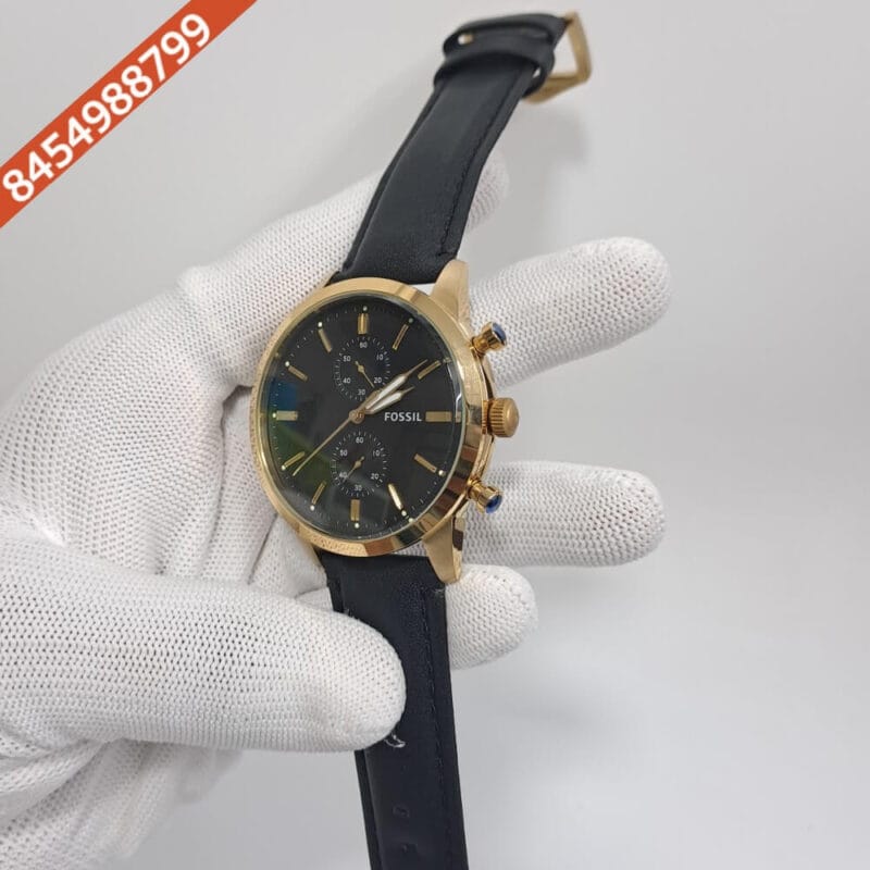 Fossil Townsman Men’s Watch Chronograph Gold Black Dial Black Leather Swiss Watch - Image 3