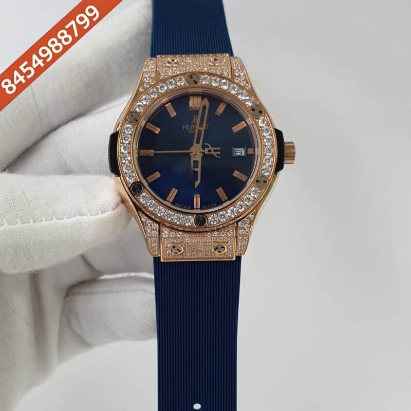 Hublot Classic Fusion Diamond Bezel Blue Rubber Strap Swiss Watch