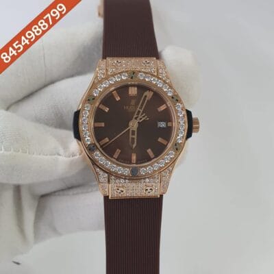 Hublot Classic Fusion Diamond Bezel Brown Rubber Strap Swiss Watch
