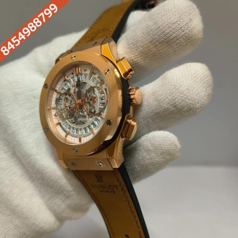 Hublot Classic Fussion Chronograph Rose Gold White Dial Brown Leather Strap Watch - Image 2