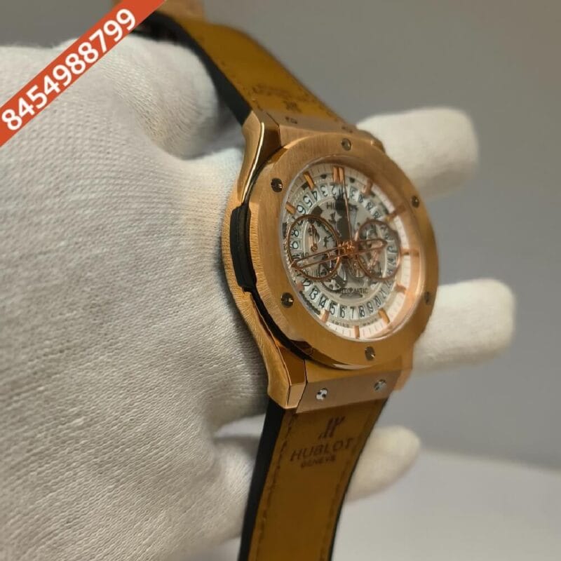 Hublot Classic Fussion Chronograph Rose Gold White Dial Brown Leather Strap Watch - Image 3