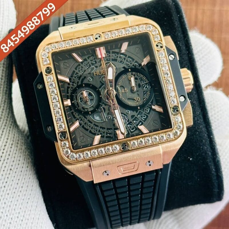 Hublot Square Bang Unico Rose Gold Diamond Black Rubber strap Watch