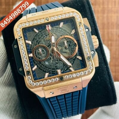 Hublot Square Bang Unico Rose Gold Diamond Blue Rubber strap Watch