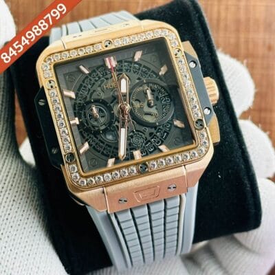 Hublot Square Bang Unico Rose Gold Diamond Grey Rubber strap Watch