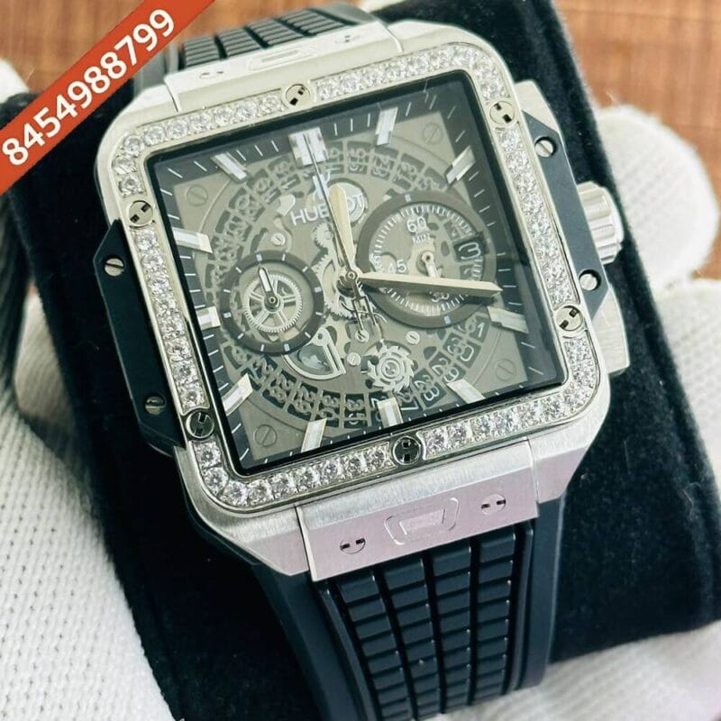 Hublot Square Bang Unico Silver Diamond Black Rubber strap Watch