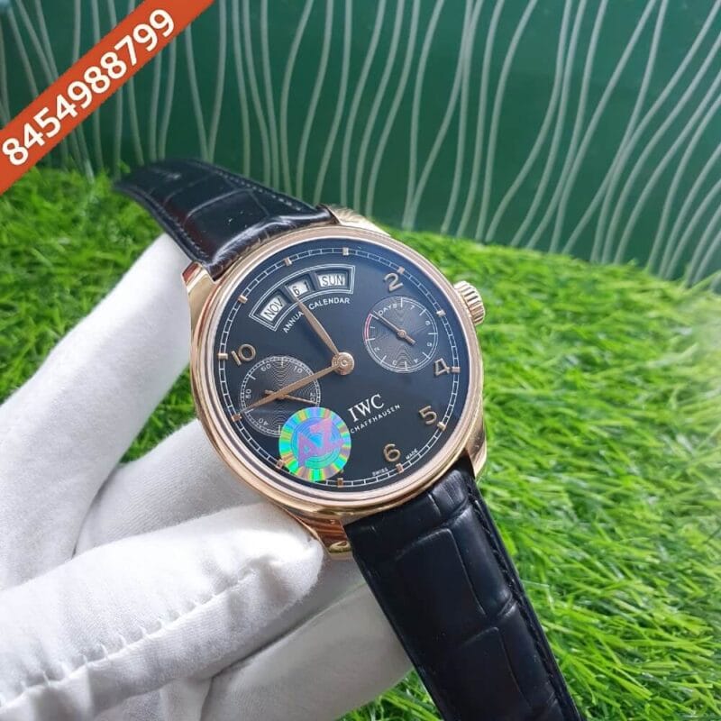 IWC Portugieser Annual Calendar Rose Gold Black Swiss ETA 7750 Valjoux Automatic Movement Watch