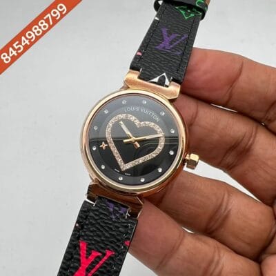 Louis Vuitton Rose Gold Black Dial Leather Watch