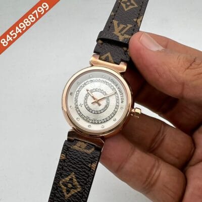Louis Vuitton Rose Gold Black Dial Leather Swiss Watch