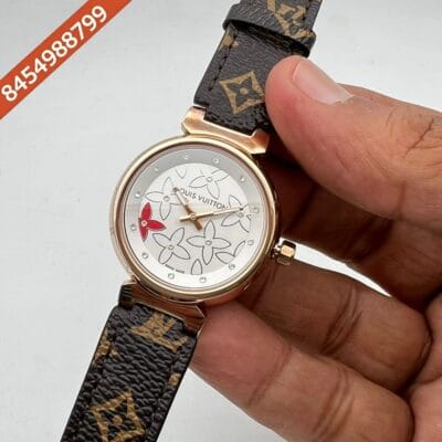 Louis Vuitton Rose Gold White Dial Leather Swiss Watch