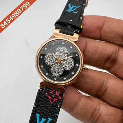 Louis Vuitton Rose Gold Black Dial Leather Swiss Watch