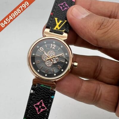 Louis Vuitton Rose Gold Black Dial Leather Watch