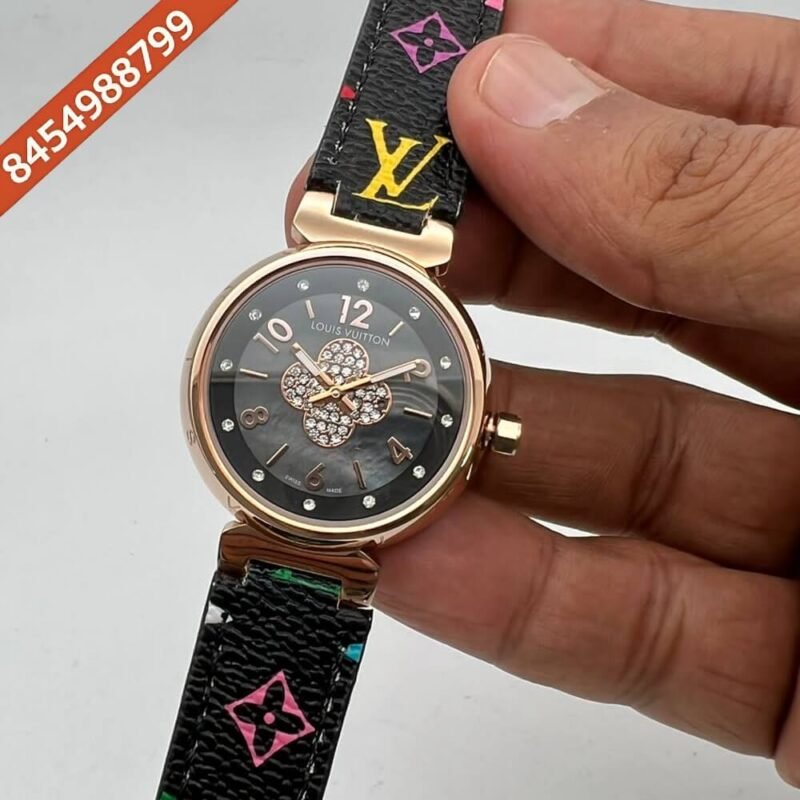 Louis Vuitton Rose Gold Black Dial Leather Watch