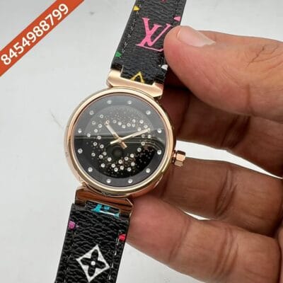 Louis Vuitton Rose Gold Black Dial Leather Swiss Watch