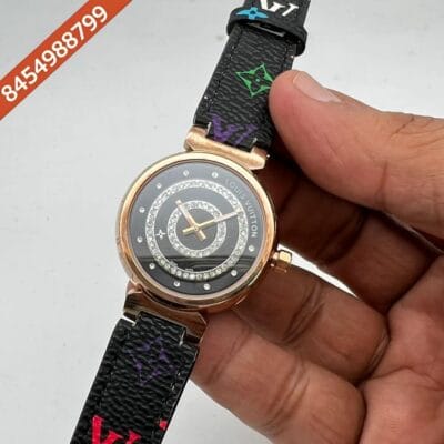 Louis Vuitton Rose Gold Black Dial Leather Swiss Watch