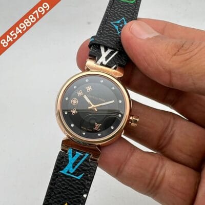 Louis Vuitton Rose Gold Black Dial Leather Swiss Watch