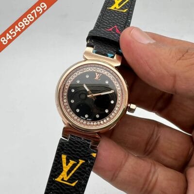 Louis Vuitton Rose Gold Diamond Studded Black Dial Leather Swiss Watch