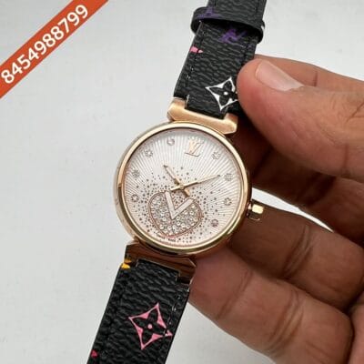 Louis Vuitton Rose Gold White Dial Leather Swiss Watch