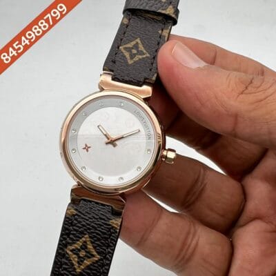 Louis Vuitton Rose Gold White Dial Leather Swiss Watch