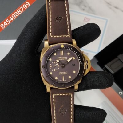 First copy Luminor Panerai Submersible Bronzo Brown Dial Swiss Automatic Watch with high-quality replica Swiss movement, bronze case, and water resistance. Best first copy luxury watch in India.