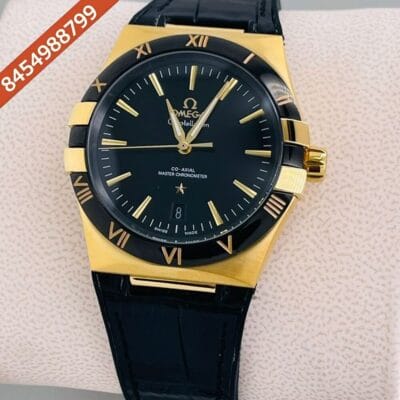 Omega Constellation Co-Axial Gold Black dial Black Leather Swiss Automatic Watch