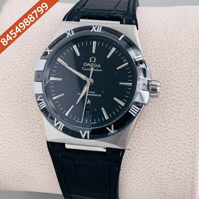 Omega Constellation Co-Axial Silver Black Dial Black Leather Swiss Automatic Watch
