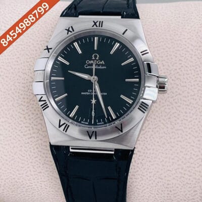 Omega Constellation Co-Axial Silver Black Dial Black Leather Swiss Automatic Watch