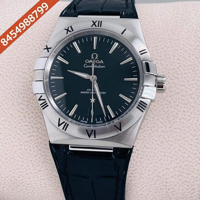 Omega Constellation Co-Axial Silver Black Dial Black Leather Swiss Automatic Watch
