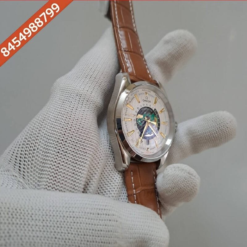 Omega Seamaster Aqua Tera World Time White Dial Brown Leather Strap Swiss Automatic Watch - Image 2