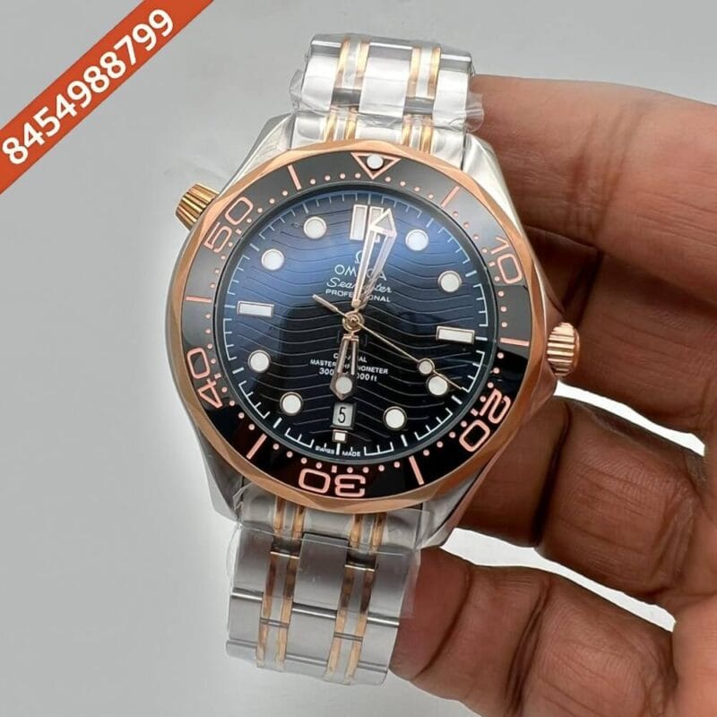 Omega Seamaster Diver Professional Rose Gold Black Dial Dual Tone Strap Swiss Automatic Watch