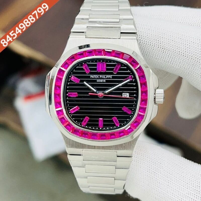 Patek Philippe Nautilus Silver Pink Emerald Swiss Automatic Watch