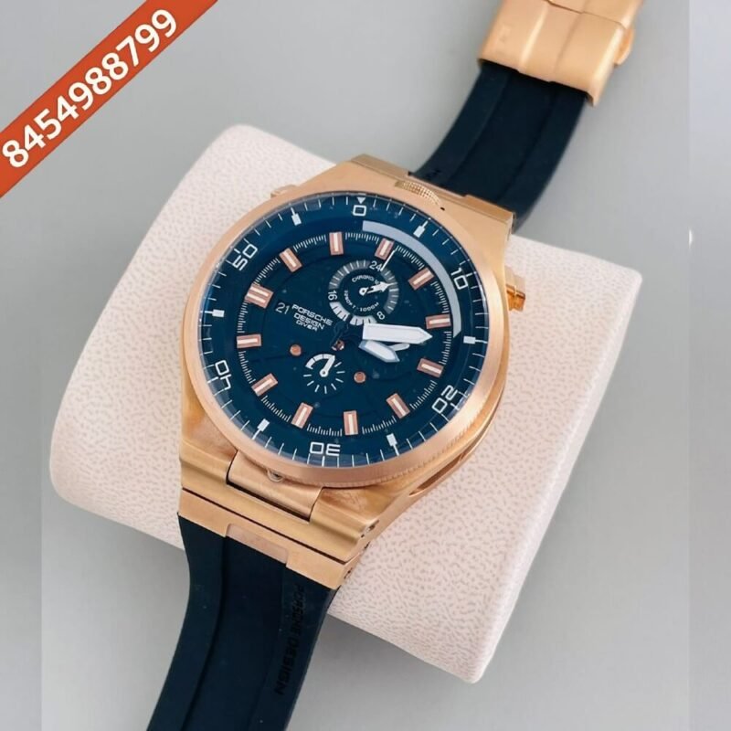 Porsche Design Diver Rose Gold Blue Dial Black Rubber Strap Watch