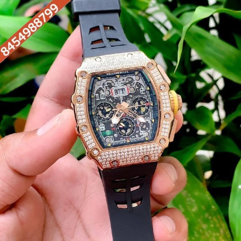 Richard Mille RM 011 03 Rose Gold Black Dial Diamond Swiss ETA Automatic Watch