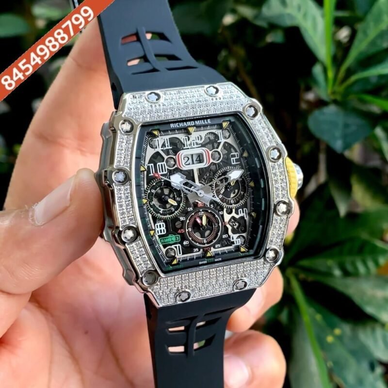 Richard Mille RM 011 03 Silver Black Dial Diamond Swiss ETA Automatic Watch