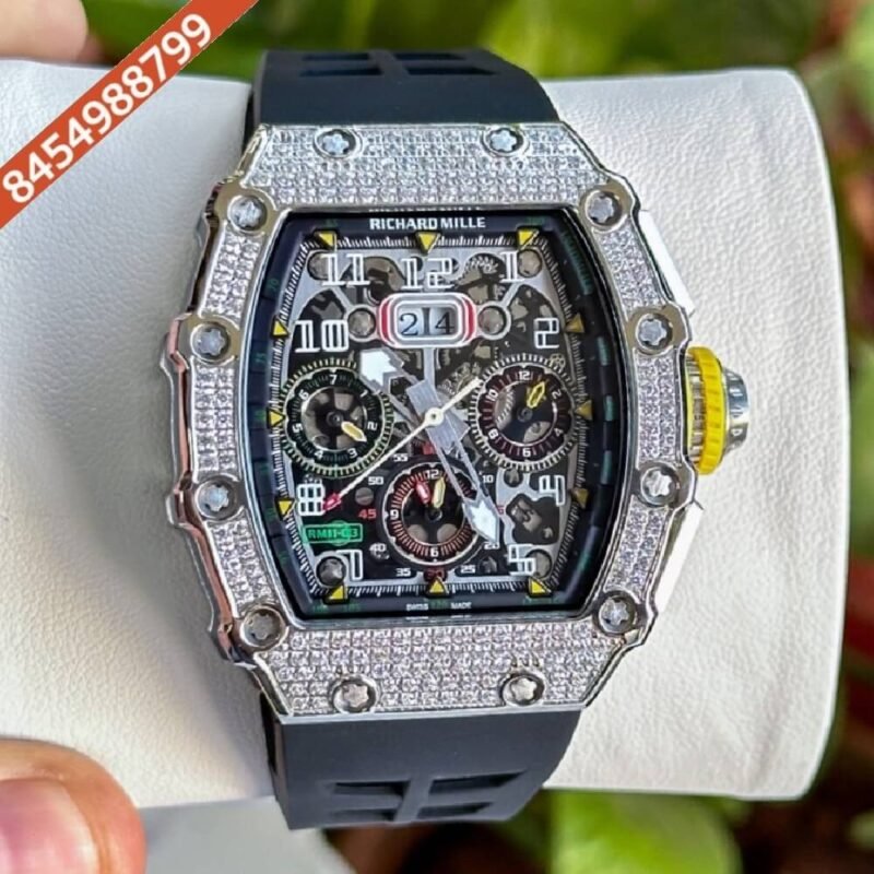 Richard Mille RM 011 03 Silver Black Dial Diamond Swiss ETA Automatic Watch - Image 3