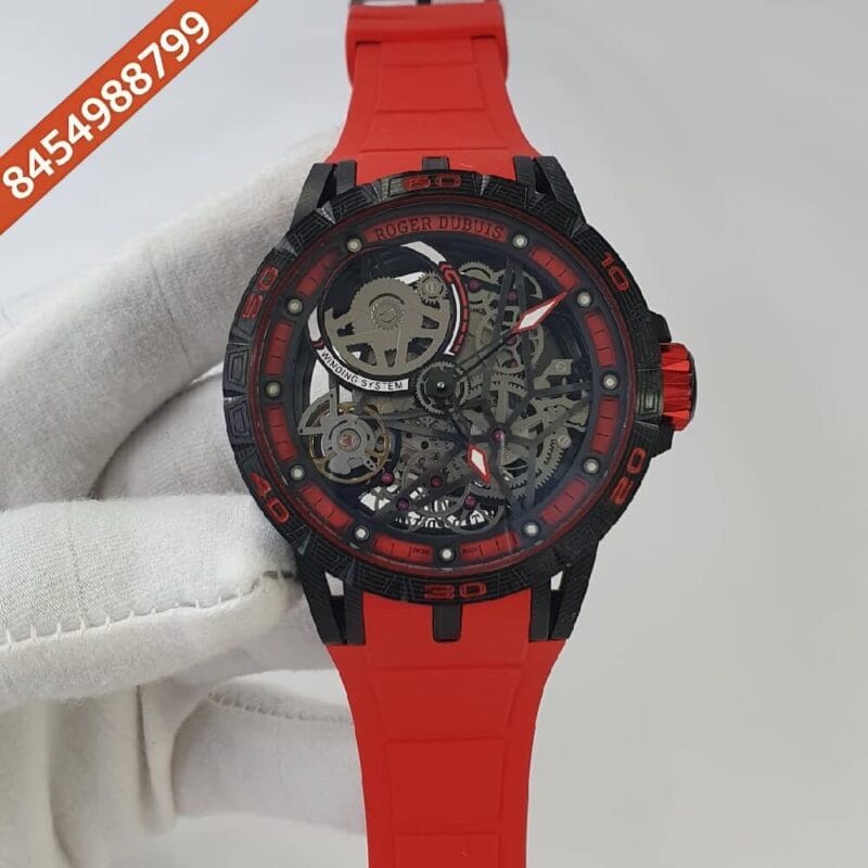 Roger Dubuis Oblvlo Cyber Skeleton Edition Black Dial  Red Rubber Strap Swiss Automatic Watch
