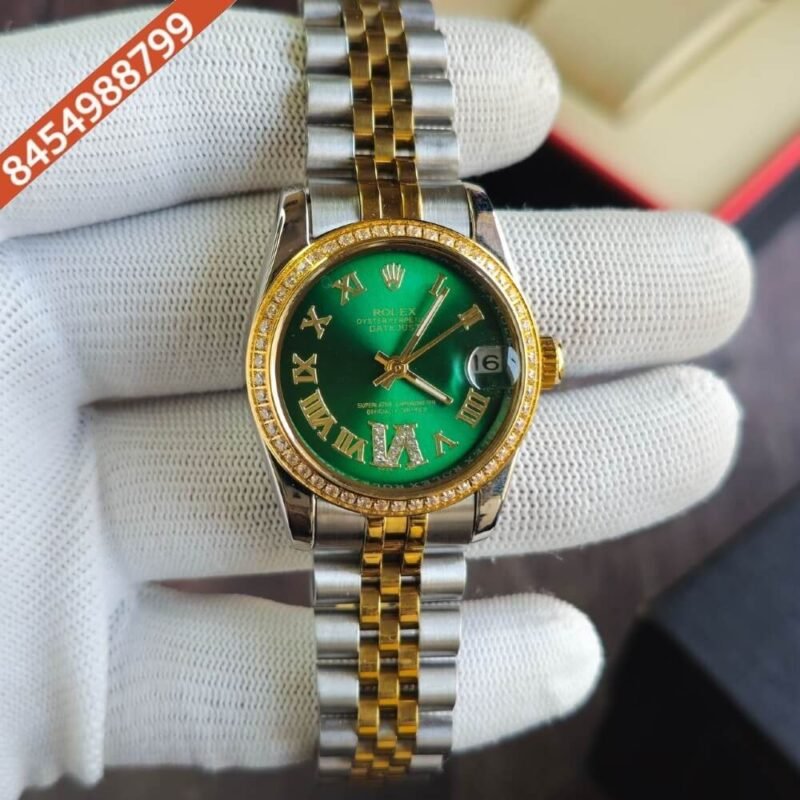 Rolex Date-Just Diamond Bazel Dual Tone Green Dial Swiss Automatic Watch