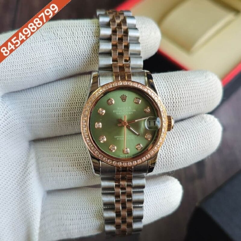 Rolex Date-Just Diamond Bazel Dual Tone Green Dial Swiss Automatic Watch