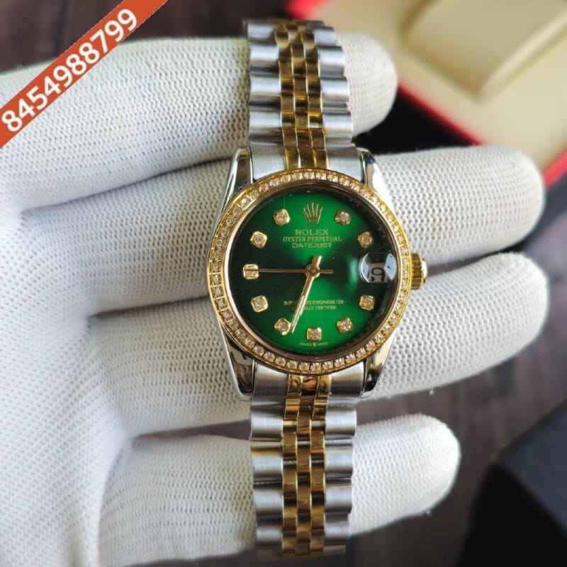Rolex Date-Just Diamond Bazel Dual Tone Green Dial Swiss Automatic Watch