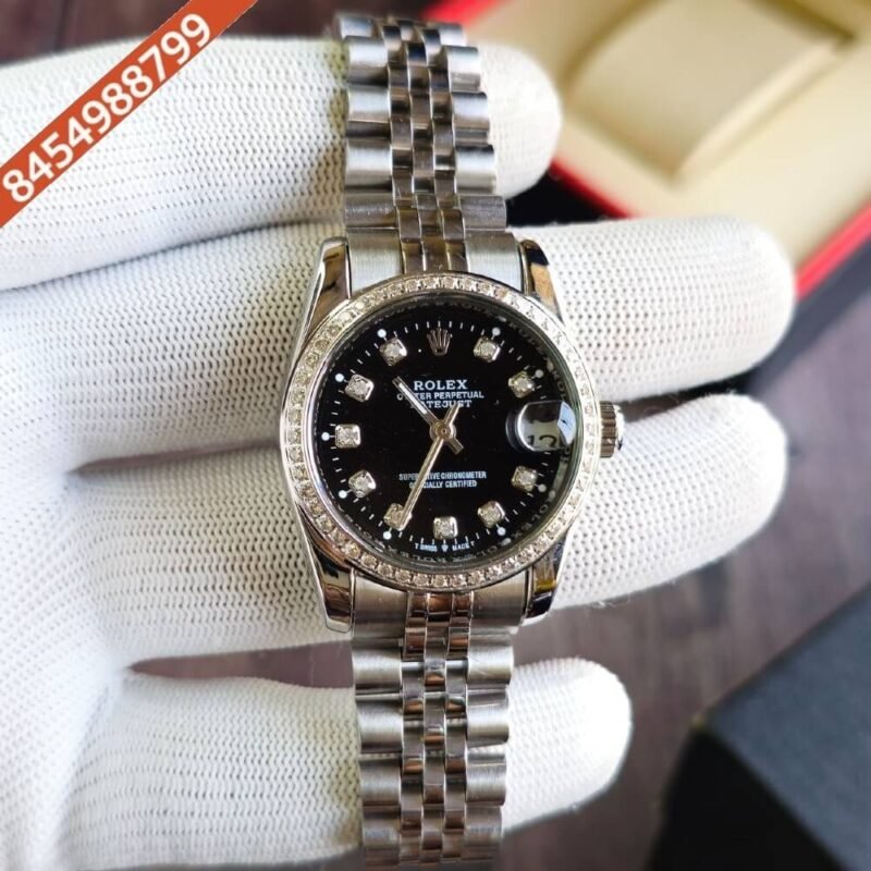 Rolex Date-Just Diamond Bazel Silver Black Dial Swiss Automatic Watch