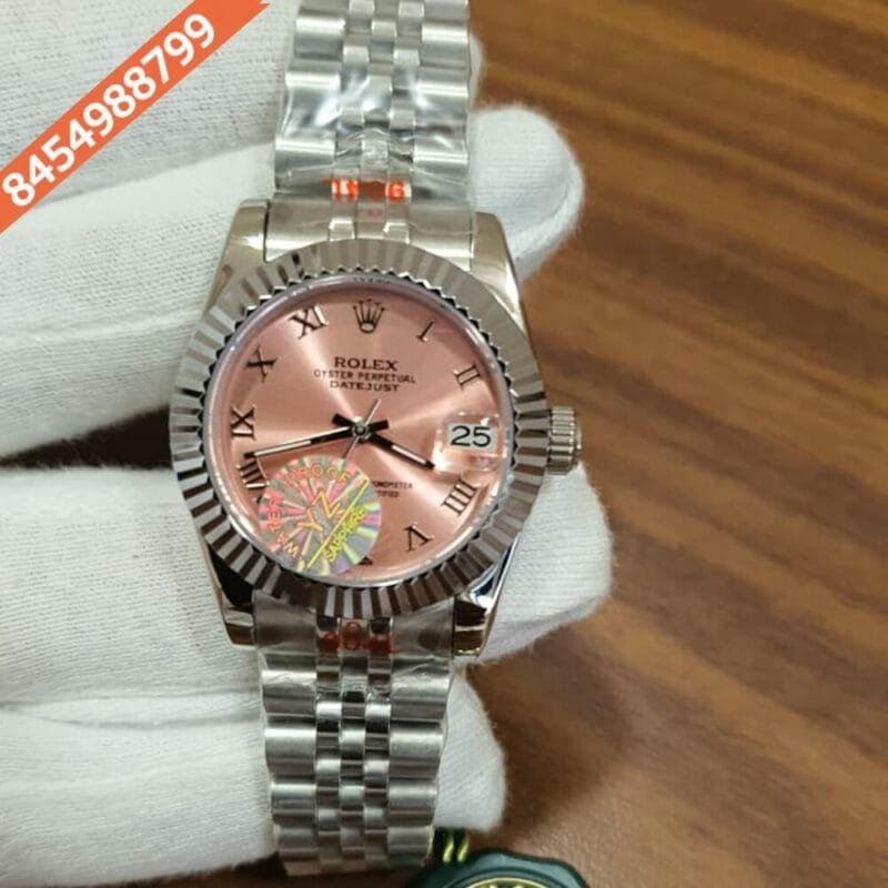 Rolex Date-Just Full Silver Pink Dial  Roman Marker Swiss Automatic Watch