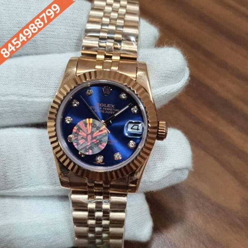 Rolex Date-Just Rose Gold Blue Dial  Diamond Marker Swiss Automatic Watch